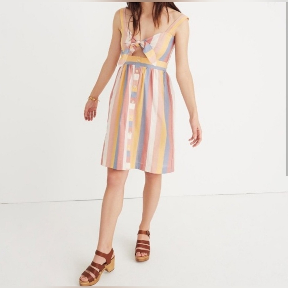 Madewell Tie Front Cut Out Dress Sherbet Stripe Size 6 Strap Pink Buttons